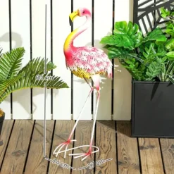 Flamingo i metall - Trädgårdsstaty - Utomhusprydnad - Väderbeständig - Fristående - Flerfärgad