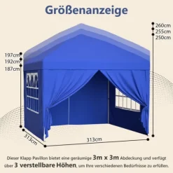 Fällbar trädgårdspaviljong 3x3 m med 4 sidoväggar, höjdjusterbar i 3 lägen, blå