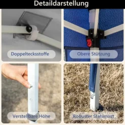 Fällbar trädgårdspaviljong 3x3 m med 4 sidoväggar, höjdjusterbar i 3 lägen, blå