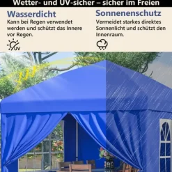 Fällbar trädgårdspaviljong 3x3 m med 4 sidoväggar, höjdjusterbar i 3 lägen, blå