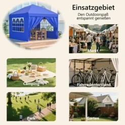 Fällbar trädgårdspaviljong 3x3 m med 4 sidoväggar, höjdjusterbar i 3 lägen, blå