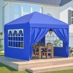 Fällbar trädgårdspaviljong 3x3 m med 4 sidoväggar, höjdjusterbar i 3 lägen, blå