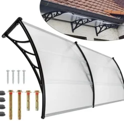 Fönster-/dörrtak, polykarbonat, svart ram, transparent PC-skiva, regn- och UV-skydd, vädertålig