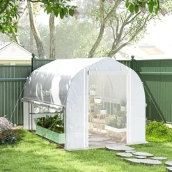 Folietunnel 3x2x2 m med dörr & 4 fönster, uppfällbara sidor, galvaniserat stål, UV-beständig, vit