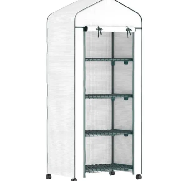 Folieväxthus 69x50x165 cm med hjul & hyllor, stålskelett, vintertåligt, vitt – för tomater & växter