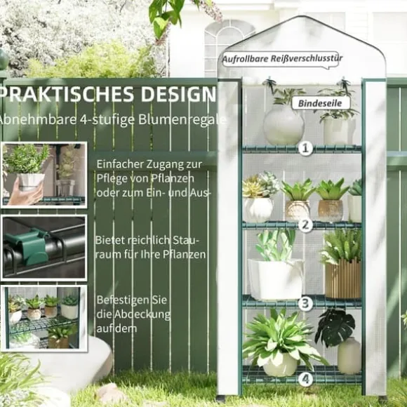 Folieväxthus 69x50x165 cm med hjul & hyllor, stålskelett, vintertåligt, vitt – för tomater & växter