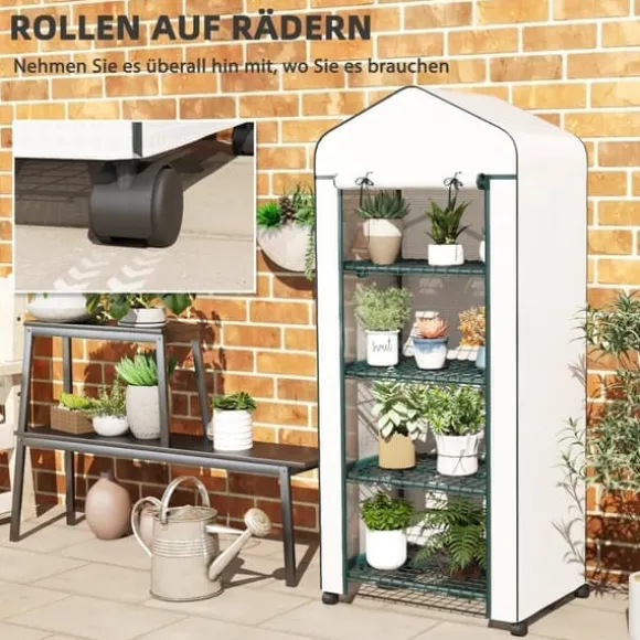 Folieväxthus 69x50x165 cm med hjul & hyllor, stålskelett, vintertåligt, vitt – för tomater & växter