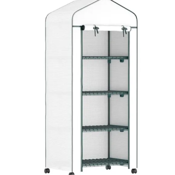 Folieväxthus 69x50x165 cm med hjul & hyllor, stålskelett, vintertåligt, vitt – för tomater & växter