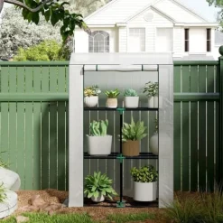 Folieväxthus 100x40x150 cm med hyllor & rullport, stålskelett, UV-skydd, vintertåligt, vitt