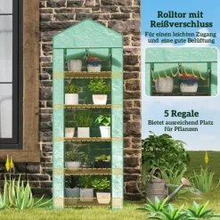 Folieväxthus 69x49x193 cm med rullport & hyllor, grönt