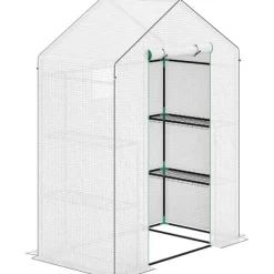 Folieväxthus 143x74x190 cm med rullport, fönster & hyllor, vitt