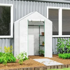 Folieväxthus 143x74x190 cm med rullport, fönster & hyllor, vitt