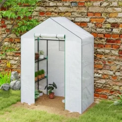 Folieväxthus 143x74x190 cm med rullport, fönster & hyllor, vitt