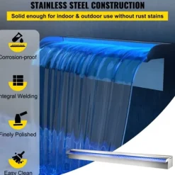 Färgglad LED-vattenfall för pool i rostfritt stål, mått 120x11,5x8 cm.