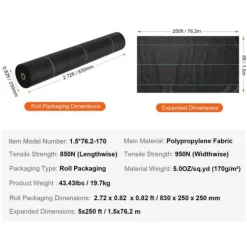 5FTx250FT Premium kraftig ogräsbarriär, 5OZ geotextil, hög permeabilitet för effektiv ogräsbekämpning och landskap.