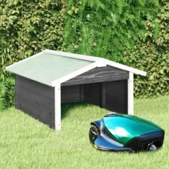 Garage för robotgräsklippare 72x87x50 cm grå och vit granträ