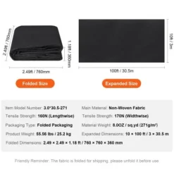 Geotextilväv, 3x30,5 m, Svart, Ovävd kraftig ogräsduk