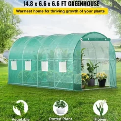 Gångtunnelt växthus 15x7x7 fot, portabelt växthus med stålbågar, toppbalk, diagonala stolpar, dragkedjedörrar och rullfönster.