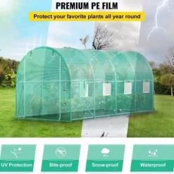 Gångtunnelt växthus 15x7x7 fot, portabelt växthus med stålbågar, toppbalk, diagonala stolpar, dragkedjedörrar och rullfönster.