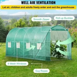 Gångtunnelt växthus 15x7x7 fot, portabelt växthus med stålbågar, toppbalk, diagonala stolpar, dragkedjedörrar och rullfönster.