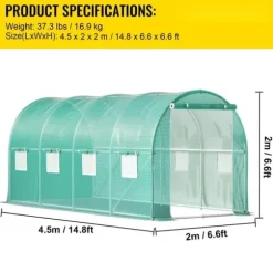 Gångtunnelt växthus 15x7x7 fot, portabelt växthus med stålbågar, toppbalk, diagonala stolpar, dragkedjedörrar och rullfönster.