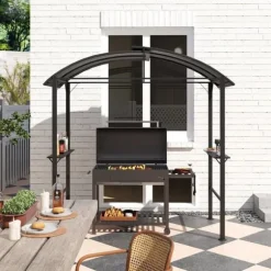 Grillpaviljong 233x110x235 cm, vindtålig med dubbeltak och hyllor, UV-skydd, stål, mörkgrå