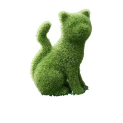Grön sittande katt dekoration i resin med gräsimitation för utomhus trädgård och balkong Sitting kitten