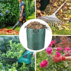 HAPPY-Pack of 3 272L Extra Heavy Duty Trädgårdsväska med handtag Green Leaf Collection Bag med PP-tyg H76cm D67cm