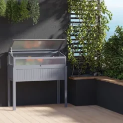 Högbädd i trä med växthus 120x54x112/122 cm, polykarbonat, grå – för tomater & grönsaker