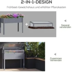 Högbädd i trä med växthus 120x54x112/122 cm, polykarbonat, grå – för tomater & grönsaker