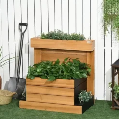Högbädd med 4 insatser & självbevattning, fodrad, trä brun, 79,5x49,5x80 cm
