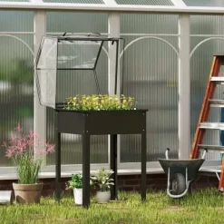 Högbädd med överdrag 60x60x120 cm, metall med dränering – vädertåligt örta-/grönsaksland, svart