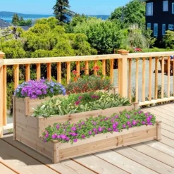 Högbädd 3-stegs i trä 124x124x56 cm – örttrappa för balkong & trädgård