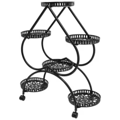 Hjärtformad växtställning - Växtställ med 6 brickor - Järn - 4 hjul - 7,5 kg/bricka - Brickor Ø25×3,5 cm - Inne/ute - Svart