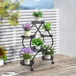 Hjärtformad växtställning - Växtställ med 6 brickor - Järn - 4 hjul - 7,5 kg/bricka - Brickor Ø25×3,5 cm - Inne/ute - Svart