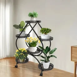 Hjärtformat växtställ - Blomsterställ - 6 hyllplan - Järn - 4 hjul (2 med broms) - 7,5 kg per hyllplan