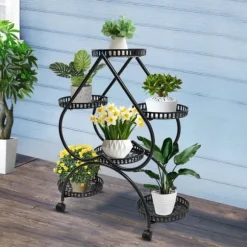 Hjärtformat växtställ - Blomsterställ - 6 hyllplan - Järn - 4 hjul (2 med broms) - 7,5 kg per hyllplan