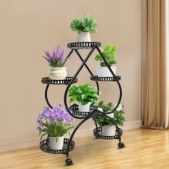 Hjärtformat växtställ - Blomsterställ - 6 hyllplan - Järn - 4 hjul (2 med broms) - 7,5 kg per hyllplan