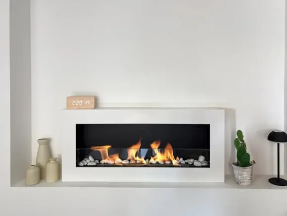 Hängande etanolspis Biokamin Hängande biokamin Bioetanolbrännare BOX 90 cm x 40 cm x 12 cm matt vitt med glas ekologisk spis