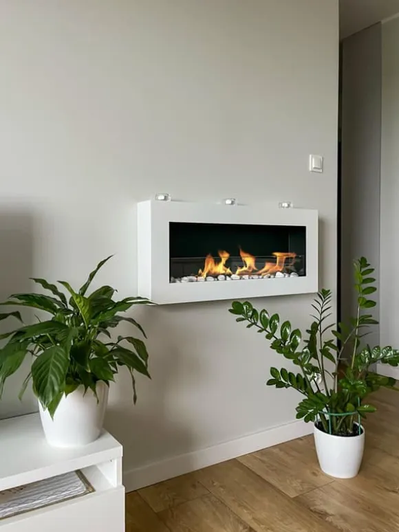 Hängande etanolspis Biokamin Hängande biokamin Bioetanolbrännare BOX 90 cm x 40 cm x 12 cm matt vitt med glas ekologisk spis