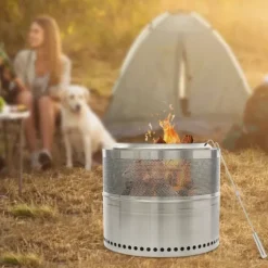 Hopfällbar Eldstad - Rund Eldplats - Rostfritt Stål 201 - Rökfri - Portabel - Vedeldad (Ved Ingår Ej) - Eldkrok 63 cm - Silver