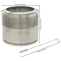 Hopfällbar Eldstad - Rund Eldplats - Rostfritt Stål 201 - Rökfri - Portabel - Vedeldad (Ved Ingår Ej) - Eldkrok 63 cm - Silver