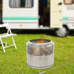 Hopfällbar Eldstad - Rund Eldplats - Rostfritt Stål 201 - Rökfri - Portabel - Vedeldad (Ved Ingår Ej) - Eldkrok 63 cm - Silver