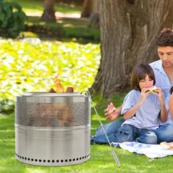 Hopfällbar Eldstad - Rund Eldplats - Rostfritt Stål 201 - Rökfri - Portabel - Vedeldad (Ved Ingår Ej) - Eldkrok 63 cm - Silver