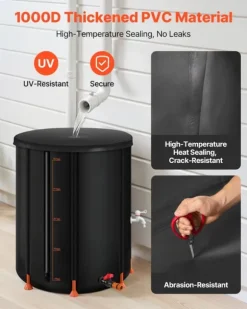 Hopfällbar regntunna - Regnvattentunna 201 l - 1000D PVC - Med kran och överfyllningskit - Bärbar - Svart