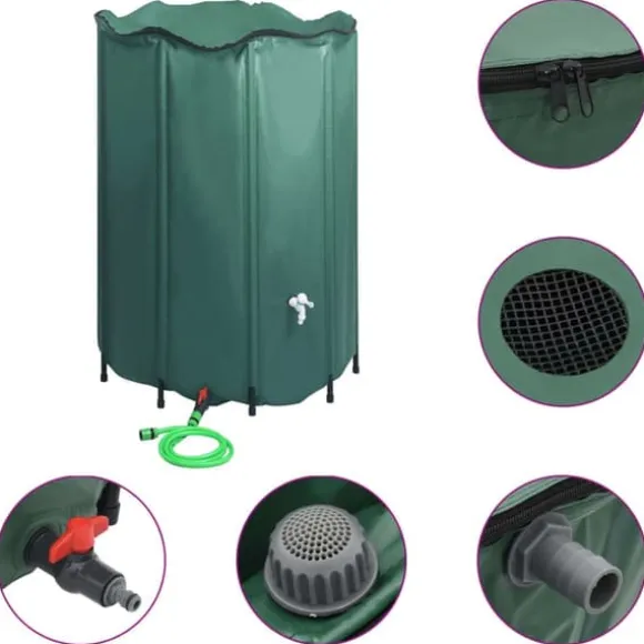 Hopfällbar regntunna med kran 1250 L - Vattenbesparande lösning | Färg: Grön | Storlek: 1250 L
