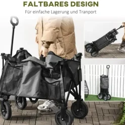 Hopfällbar vagn upp till 120 kg, teleskophandtag, sidofickor & fällbar bricka, mörkgrå