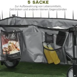 Hopfällbar vagn upp till 120 kg, teleskophandtag, sidofickor & fällbar bricka, mörkgrå