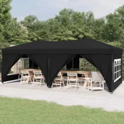 Hopfällbart partytält med sidoväggar svart 3x6 m