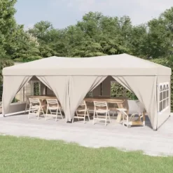 Hopfällbart partytält med sidoväggar gräddvit 3x6 m